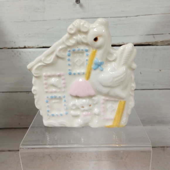 Vintage Stork and Baby Nursery Planter, Stork Delivering Baby Ceramic Planter - Picture 1 of 12